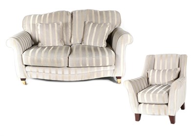 Lot 3115 - A Two-Seater Sofa, modern, upholstered in cream and gold striped fabric with squab cushions and...
