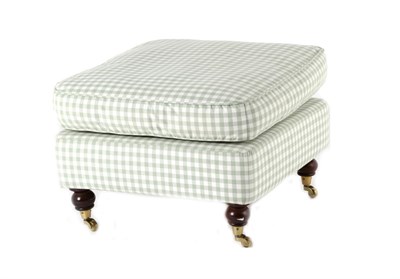 Lot 3118 - A Green and White Tartan Check Upholstered Footstool, modern, raised on baluster turned legs...