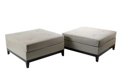 Lot 3121 - A Pair of Buttoned Grey Leather Oversized Foot Stools, modern, with overstuffed seats, raised...