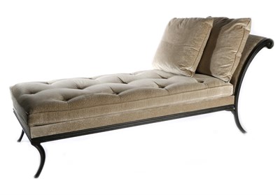 Lot 3122 - A Metal Framed Chaise Longue, labelled First Time, modern, upholstered in grey plush velvet...