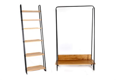 Lot 3144 - Rob Scarlett for Heal's: An Oak and Tubular Steel "Brunel" Narrow Lean-To Shelf Unit, and...