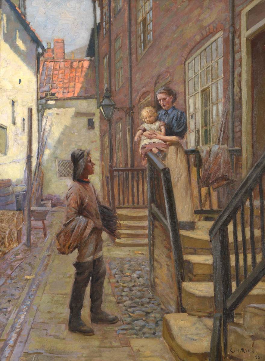 Lot 682 - Ernest Higgins Rigg (1868-1947) Fisherman in Arguments Yard saying goodbye to wife and child...