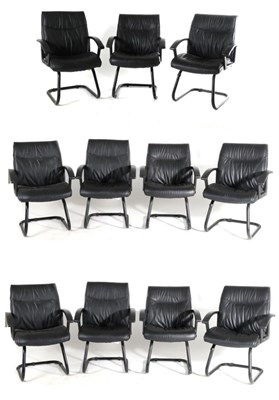 Lot 3151 - Seven Black Tubular and Black Leather Office Armchairs, modern, 65cm by 50cm by 97cm