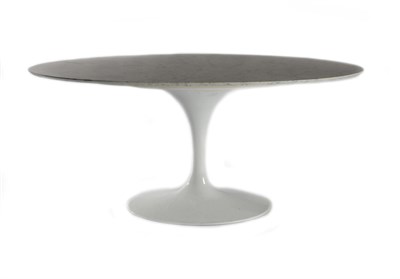 Lot 3152 - An Italian White and Grey Marble Effect Oval Table, modern, raised on narrow tapering white painted