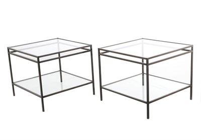 Lot 3154 - A Pair of Good Quality Burnished Wrought Iron and Glass Top Two-Tier Side Tables, modern, with...