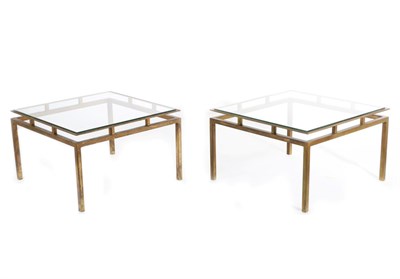 Lot 3155 - A Pair of Gilded Wrought Iron Glass Top Coffee Tables, modern, with square tubular frames, 70cm...