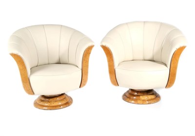 Lot 3164 - A Pair of Art Deco Burr Maple Framed Tub Shaped Armchairs, circa 1930, recovered in cream...