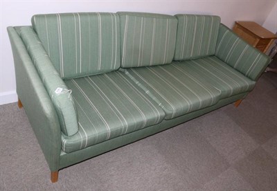 Lot 3166 - A 1960s Danish Design Three-Seater Sofa, covered in original striped green wool upholstery,...