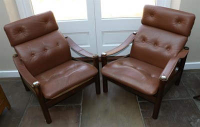 Lot 3167 - A Pair of 1970s Brown Leather Upholstered Scandinavian Design Cantilever Lounge Chairs, with...