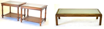 Lot 3059 - A Pair of Reproduction Walnut and Rattan Effect Glass Top Side Tables, of recent date, raised...