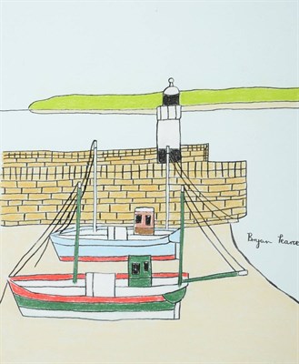 Lot 743 - Bryan Pearce (1929-2007) Fishing boats beached at a lighthouse Signed, ink and pastel, 24cm by 20cm