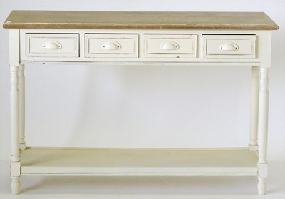 Lot 3077 - A Cream Painted Shabby-Chic Hall Table, of recent date, fitted with four drawers above spindle...