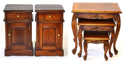 Lot 3098 - A Pair of Reproduction Hardwood Bedside Cabinets, with moulded tops above a single frieze...