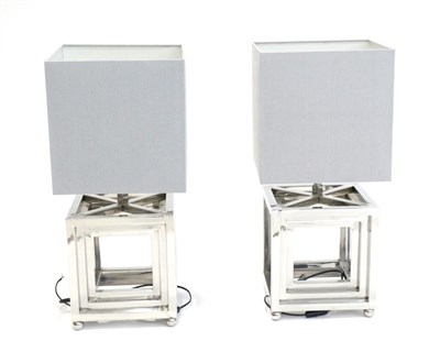 Lot 3151 - A Pair of Chromed Tubular Lamps, of square form with grey silk shades, fitted for electricity, 65cm