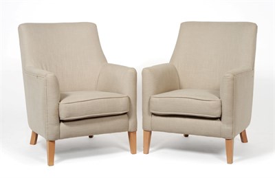 Lot 3178 - A Pair of Easy Chairs, of recent date, upholstered in beige calico fabric with rounded arms and...