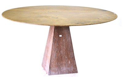 Lot 3220 - An Italian Marble Circular Pedestal Dining Table, of recent date, raised on a travertine/stone...