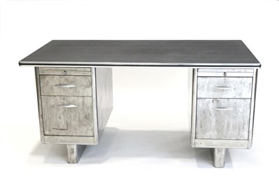 Lot 3250 - A 1950s Polished Metal Double Pedestal Desk, with a modern black leather top above two short...