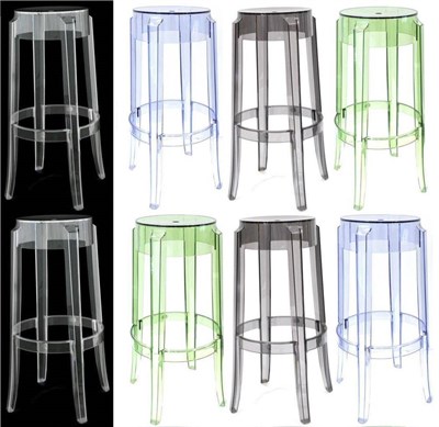 Lot 3252 - Eight Plastic Bar Stools, stamped Charles Ghost by Kartell, comprising two blue, two clear, two...