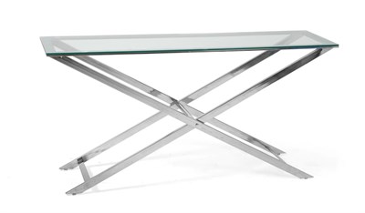 Lot 3254 - A Polished Metal and Glass Top Console Table, of recent date, of rectangular form, raised on an...