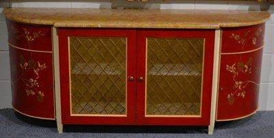 Lot 3262 - A Reproduction Sideboard of breakfront form with pink and yellow marble top above two metal...