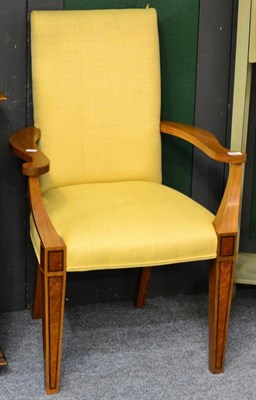 Lot 3266 - David Linley, an American Walnut, Macasser Ebony and Vavona Burr Armchair upholstered in yellow...