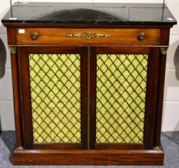 Lot 1018 - A Regency Style Brass Grille Door Side Cabinet, 20th century, with a green marble top above a...