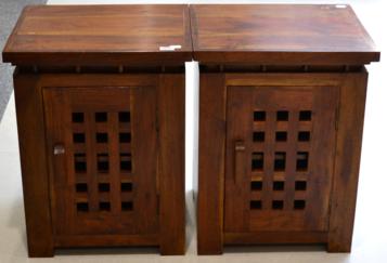 Lot 1056 - A Pair of Hardwood Bedside Cabinets of recent date, with grille doors, raised on block feet,...