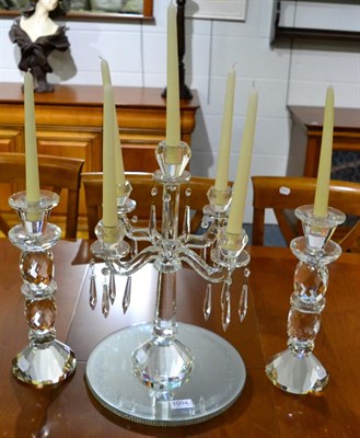 Lot 1094 - A Pair of Cut Glass Candlesticks of recent date, height 34cm; A Four-Branch Candelabra, with drops
