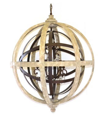 Lot 1102 - A Spherical Bleached Framed Metal and Glass Drop Light Fitting, of recent date, with five...