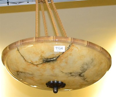 Lot 1104 - A Yellow Marbled Effect Glass Light Shade, with rope suspension arms, fitted with two brass bayonet