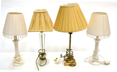 Lot 1110 - A Pair of Laura Ashley Ceramic Table Lamps of recent date, gathered shades crystal drops,...