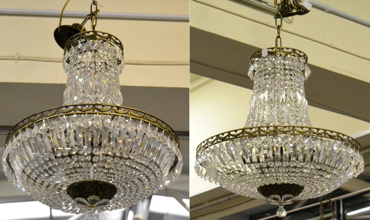 Lot 1112 - A Pair of Cut Glass Ceiling Lights of recent date, with pear shaped drops, maximum drop approx....