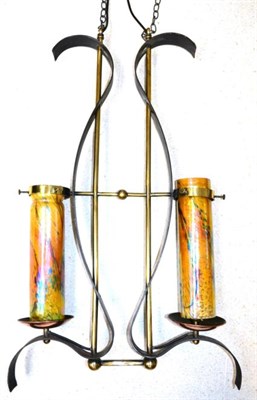 Lot 1114 - A Set of Six 1960s Brass and Wrought Iron Hanging Light Fitments, with brass tubular frames and...