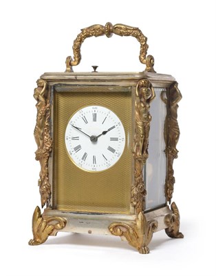 Lot 865 - A Brass Silvered Figural Striking and Repeating Carriage Clock, circa 1880, cast floral and...