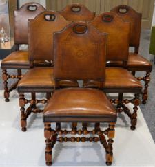 Lot 1146 - Theodore Alexander London Ltd: A Set of Six Brown Leather and Brass Studded Dining Chairs of recent