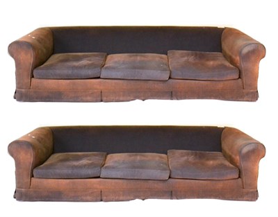 Lot 1161 - A Pair of Large Custom-Made Conran Sofas, upholstered in two tone brown and blue corduroy...