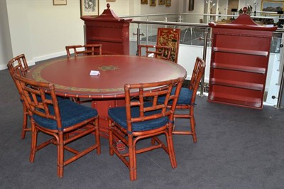 Lot 1023 - A Chinese Style Coral and Floral Painted Dining Room Suite, comprising a circular dining table with