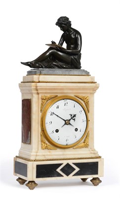 Lot 908 - A Bronze and Marble Striking Mantel Clock, surmounted by a bronze figure of a young scholar,...