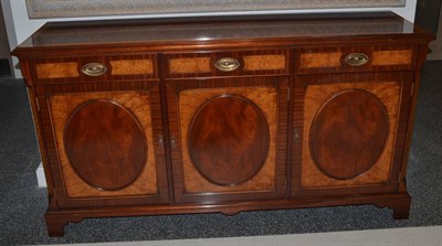 Lot 1046 - A Charles Barr Reproduction Mahogany Burr Walnut Crossbanded Sideboard, of recent date, the moulded