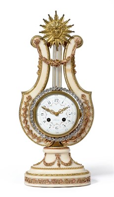 Lot 911 - A White Marble and Ormolu Mounted Striking Lyre Mantel Clock, circa 1900, surmounted by a sun burst