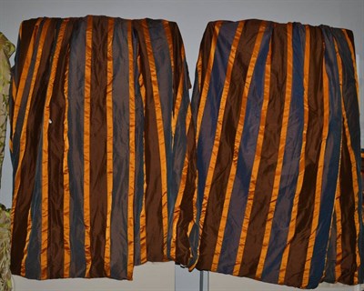 Lot 1077 - Three Pairs of Good Quality Brown, Blue and Orange Striped Silk Curtains, lined, four, the drop...