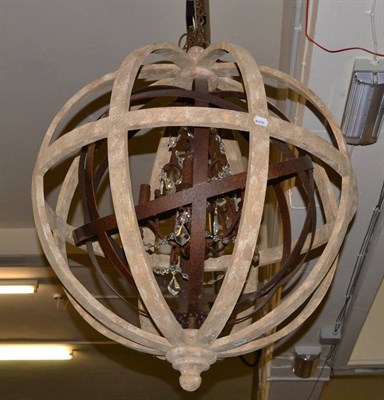 Lot 1095 - A Spherical Bleached Framed Metal and Glass Drop Light Fitting, of recent date, with five...