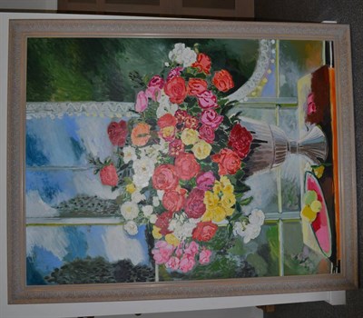 Lot 1118 - English School (20th/21st century) Still of roses in a pedestal shaped vase Oil on canvas, 190cm by