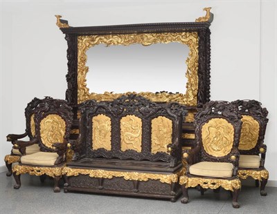 Lot 950 - A Monumental Oriental Softwood and Parcel Gilt Six Piece Suite, late 19th /early 20th century,...