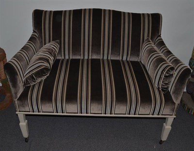 Lot 1136 - A Two-Seater Settee, recovered in grey and stripped velvet, with rounded arm supports and...