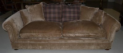 Lot 1142 - A Large Chesterfield Style Sofa, recovered in light brown plush velvet with matching and tartan...