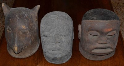 Lot 1189 - Two Makonde Lipiko Helmet Masks, Mozambique, and A Similar Mask as the head of an owl (3)