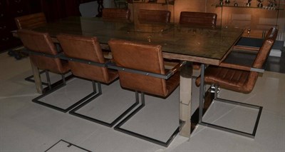 Lot 1208 - A Modern Plank Top and Chrome Framed Dining Table, of recent date, the top modelled as...