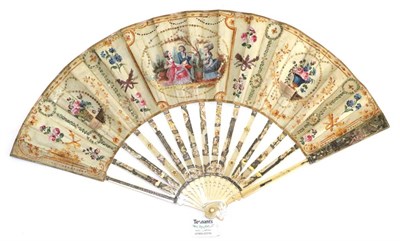 Lot 251 - A Mid 18th Century Ivory Fan, the silk leaf a pale lemon, off-setting a central cartouche and...