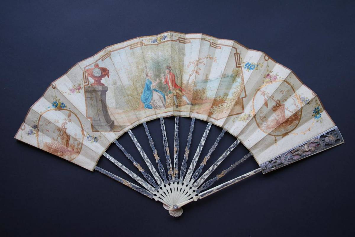 Lot 253 - Tenderness: A Late 18th Century Ivory Fan, the monture carved and pierced, gilded and silvered. The